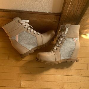 COPY - Sorel 3” enclosed wedge heel with flat rubber sole lace up boots.